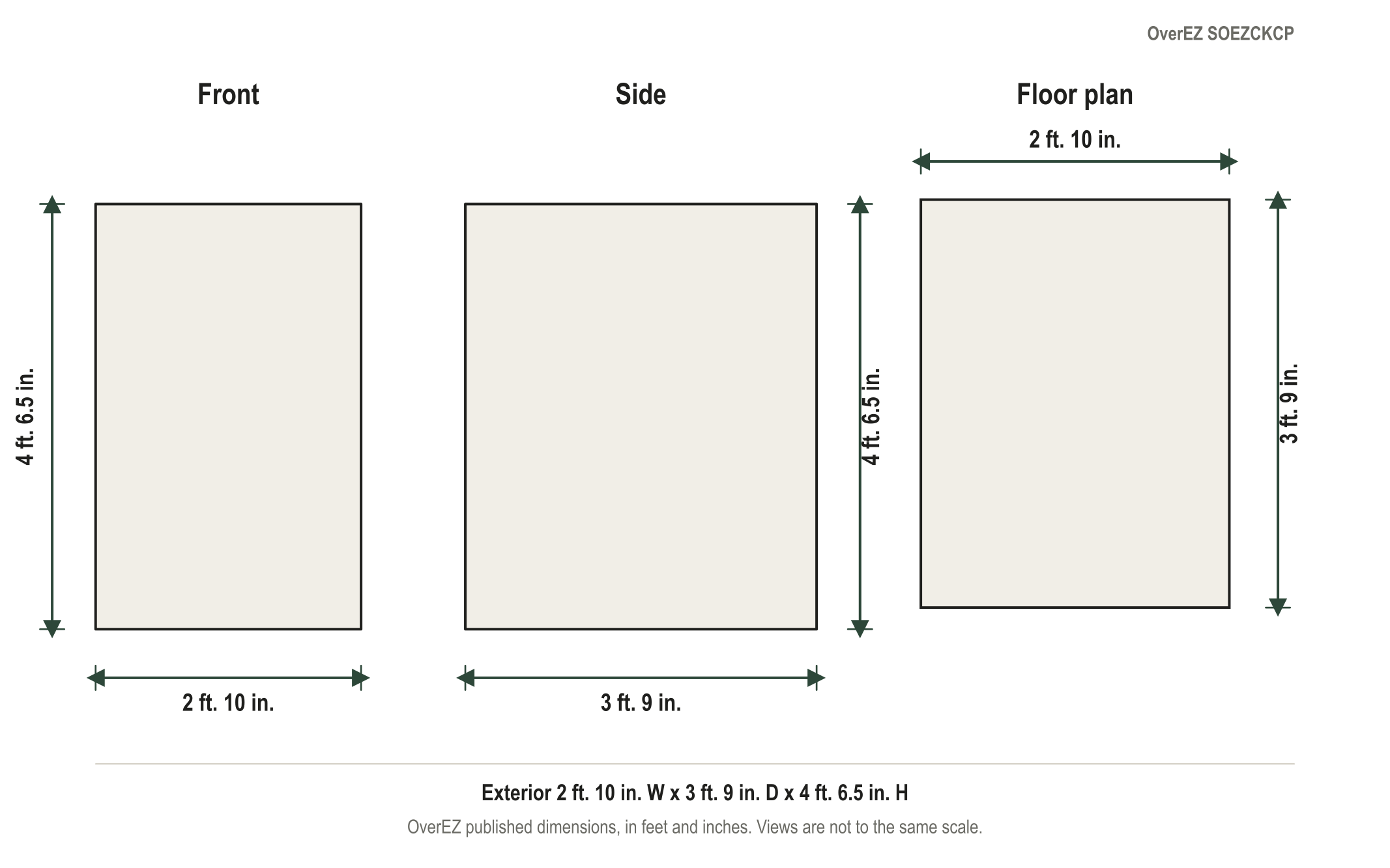 Dimension diagram: OverEZ Small Chicken Coop - Up to 5 Chickens, 2 ft. 10 in. wide by 3 ft. 9 in. deep by 4 ft. 6.5 in. tall
