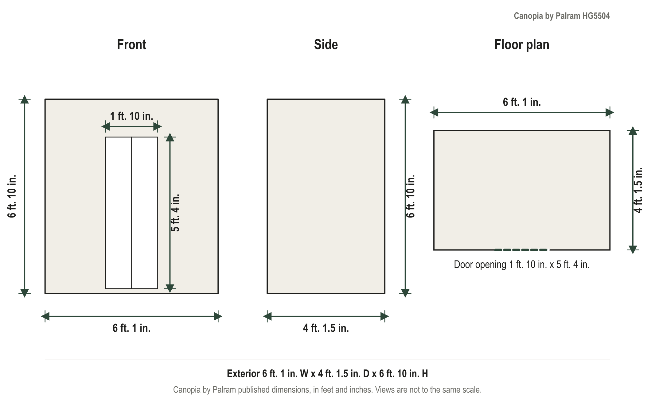 Dimension diagram: Palram-Canopia Hybrid 6 ft. x 4 ft. Greenhouse Kit, 6 ft. 1 in. wide by 4 ft. 1.5 in. deep by 6 ft. 10 in. tall