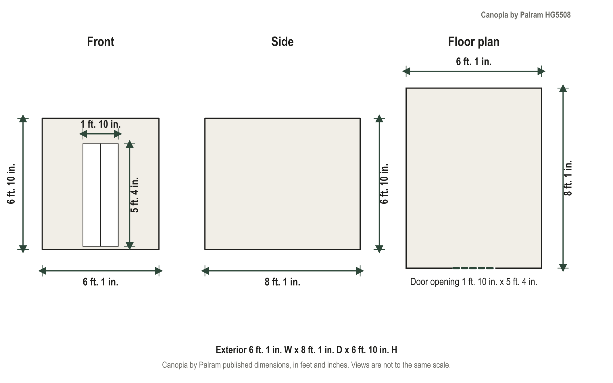 Dimension diagram: Palram-Canopia Hybrid 6 ft. x 8 ft. Hobby Greenhouse Kit, 6 ft. 1 in. wide by 8 ft. 1 in. deep by 6 ft. 10 in. tall