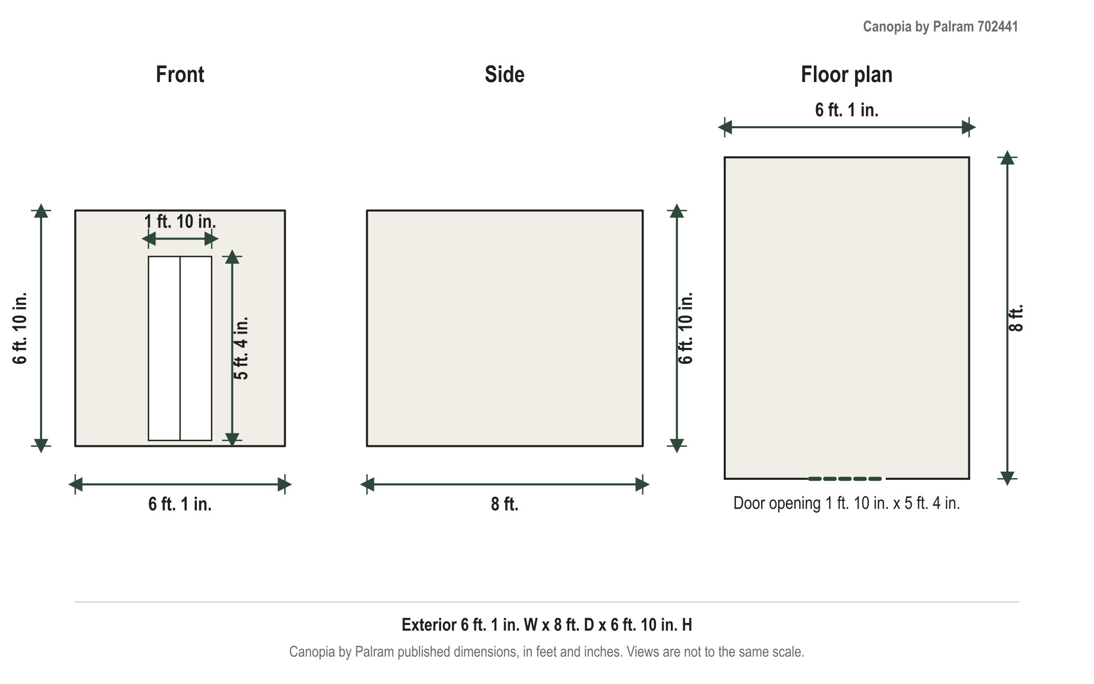 Dimension diagram: Palram-Canopia Mythos 6 ft. x 8 ft. Greenhouse Kit, 6 ft. 1 in. wide by 8 ft. deep by 6 ft. 10 in. tall