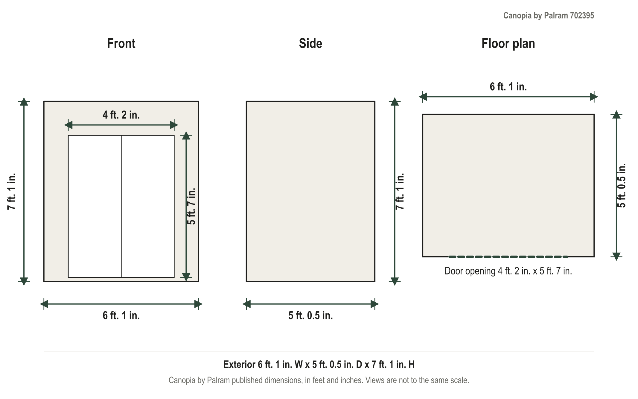 Dimension diagram: Palram-Canopia SkyLight 6 ft. x 5 ft. Storage Shed Kit, 6 ft. 1 in. wide by 5 ft. 0.5 in. deep by 7 ft. 1 in. tall