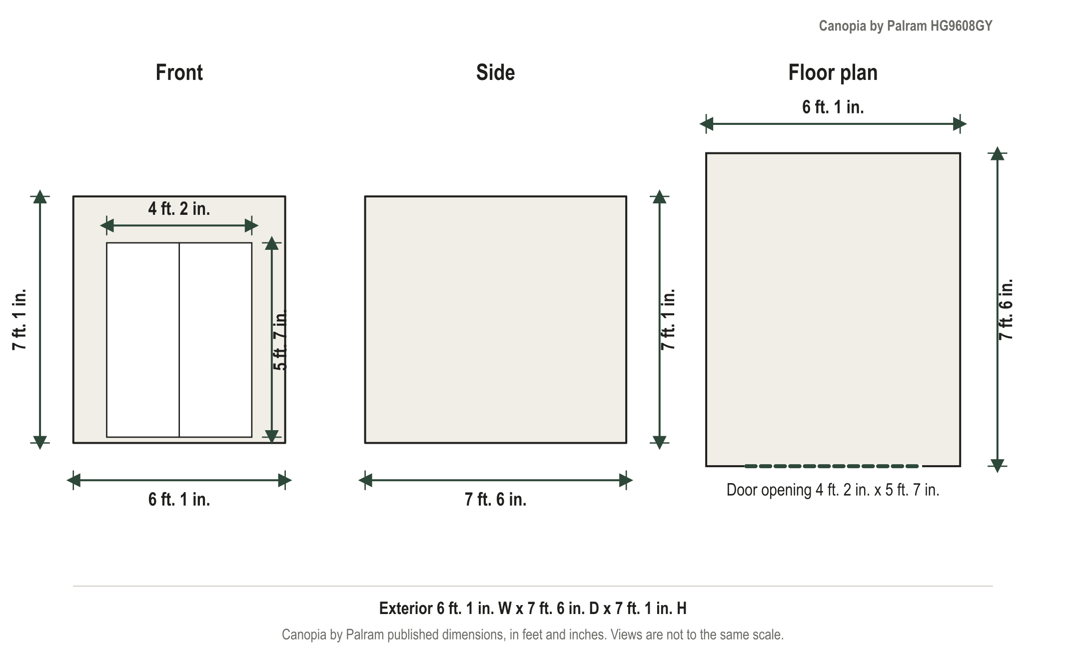 Dimension diagram: Palram-Canopia SkyLight 6 ft. x 8 ft. Storage Shed Kit, 6 ft. 1 in. wide by 7 ft. 6 in. deep by 7 ft. 1 in. tall
