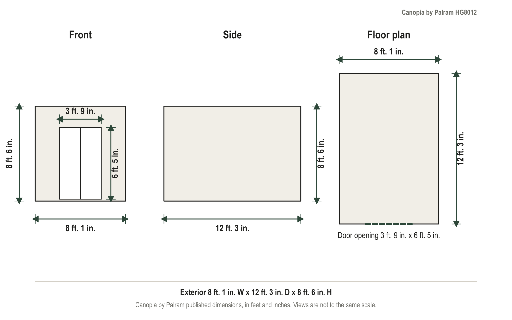 Dimension diagram: Palram-Canopia Snap & Grow 8 ft. x 12 ft. Greenhouse Kit, 8 ft. 1 in. wide by 12 ft. 3 in. deep by 8 ft. 6 in. tall