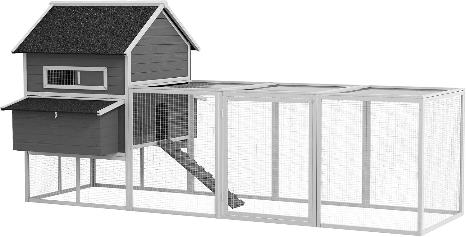 PawHut 137" Wooden Chicken Coop for 8-10 Chickens with Run and Nesting Boxes, Gray