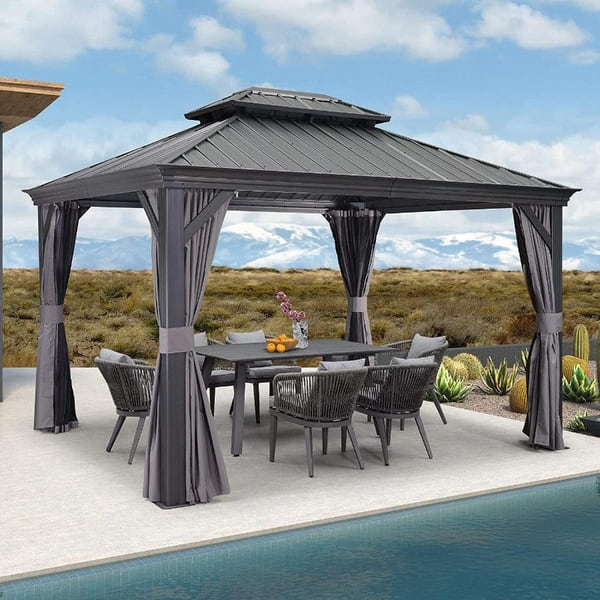 Purple Leaf 12 ft. x 14 ft. Gray Aluminum Frame Galvanized Steel Double Roof Hardtop Gazebo with Netting and Curtains