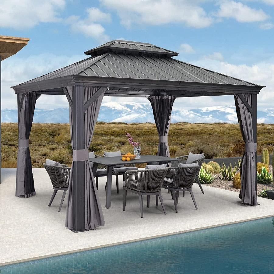 Purple Leaf 12 ft. x 14 ft. Gray Aluminum Frame Galvanized Steel Double Roof Hardtop Gazebo with Netting and Curtains