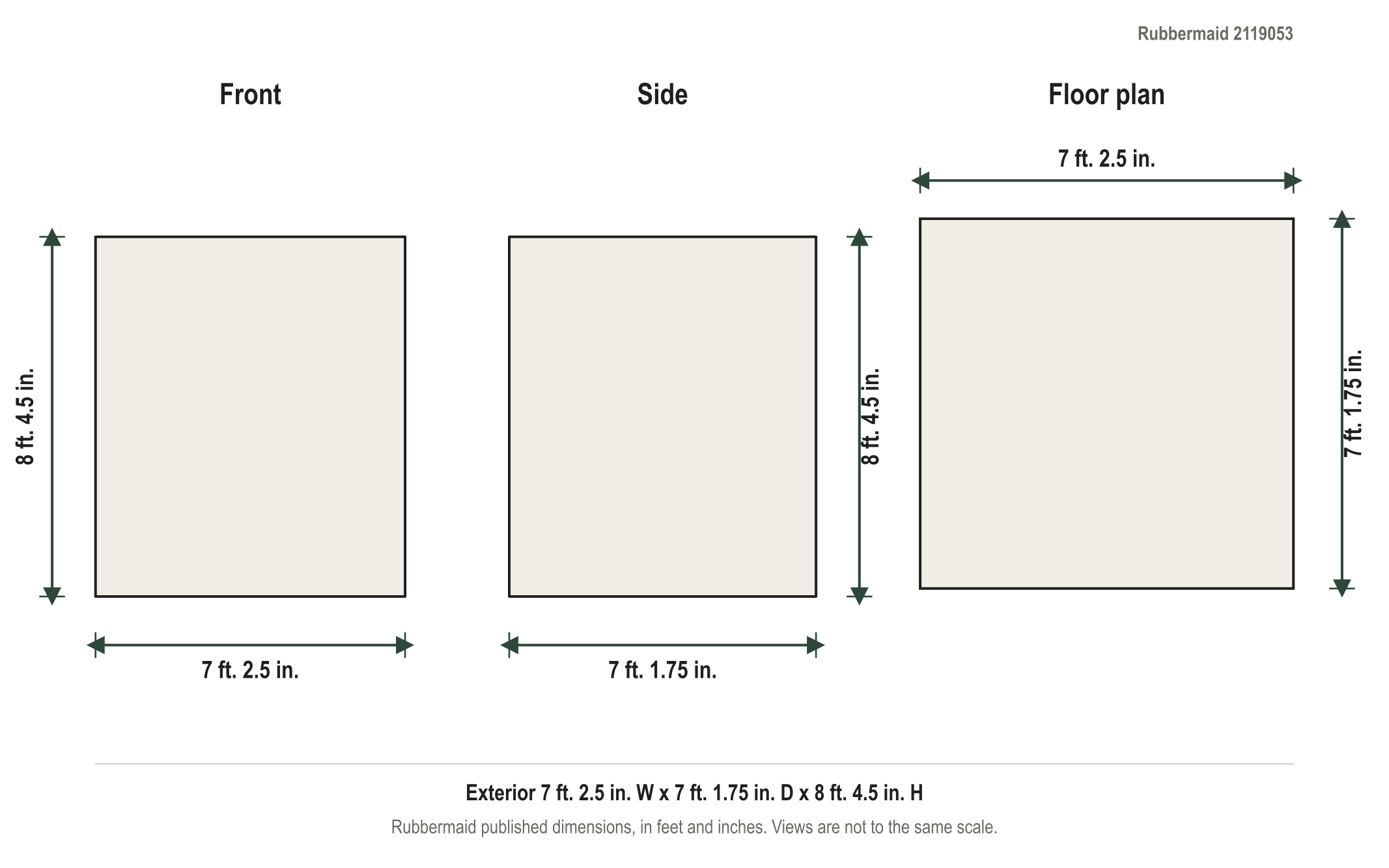 Dimension diagram: Rubbermaid 7 ft. x 7 ft. Easy Install Resin Storage Shed, 7 ft. 2.5 in. wide by 7 ft. 1.75 in. deep by 8 ft. 4.5 in. tall