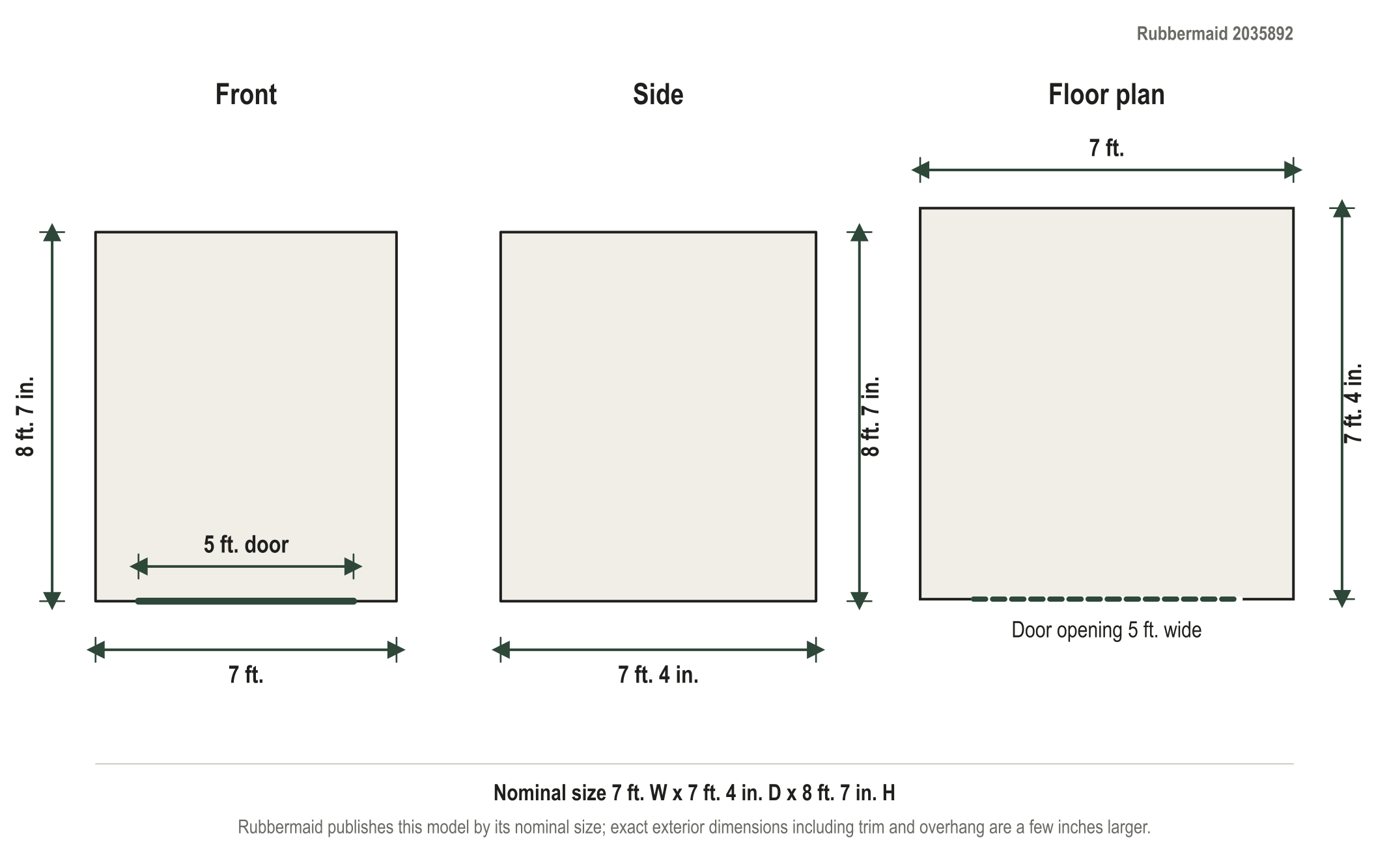 Dimension diagram: Rubbermaid Big Max 7 ft. x 7 ft. Storage Shed, 7 ft. wide by 7 ft. 4 in. deep by 8 ft. 7 in. tall