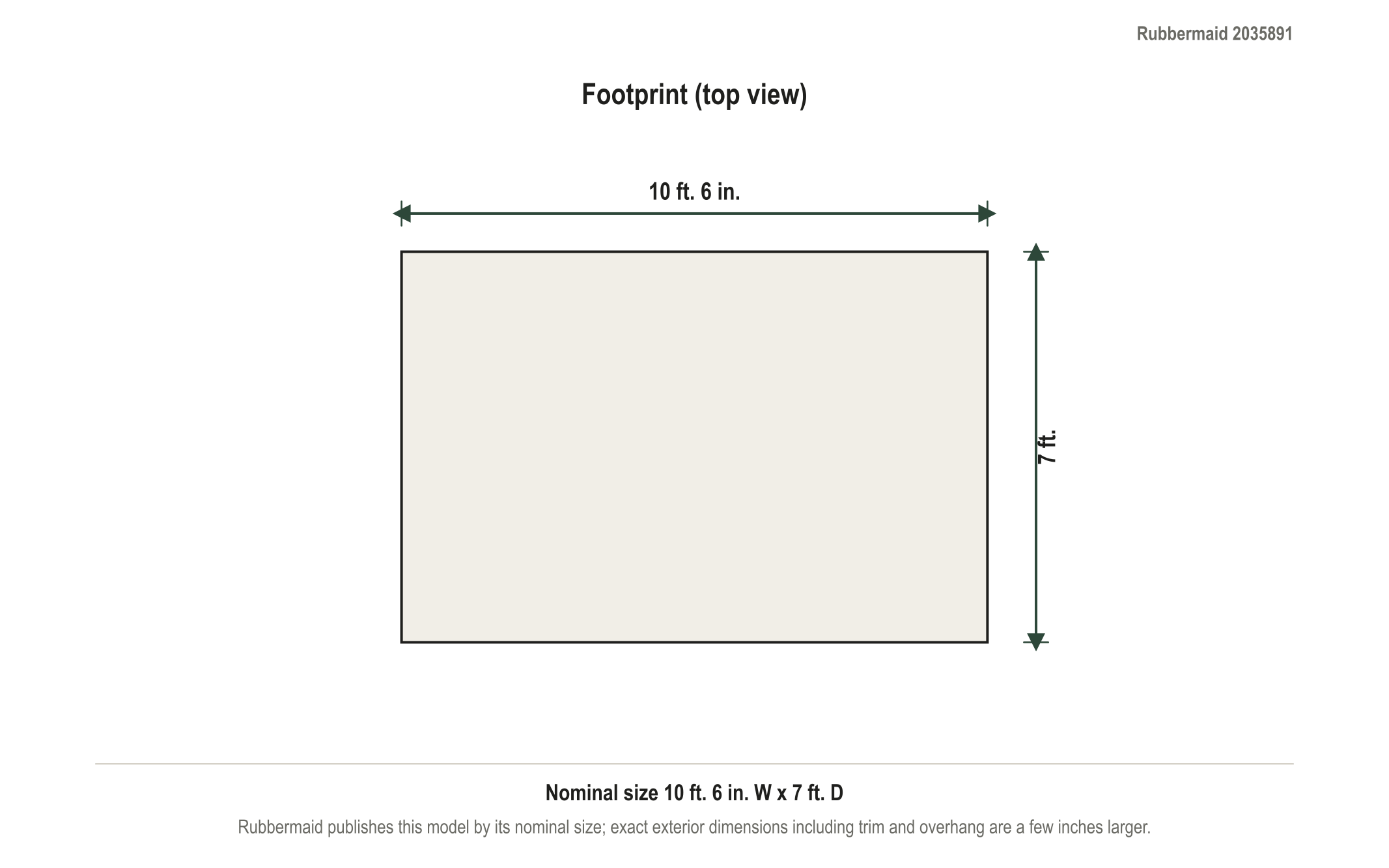 Dimension diagram: Rubbermaid Big Max Ultra 10.5 ft. x 7 ft. Storage Shed, 10 ft. 6 in. wide by 7 ft. deep