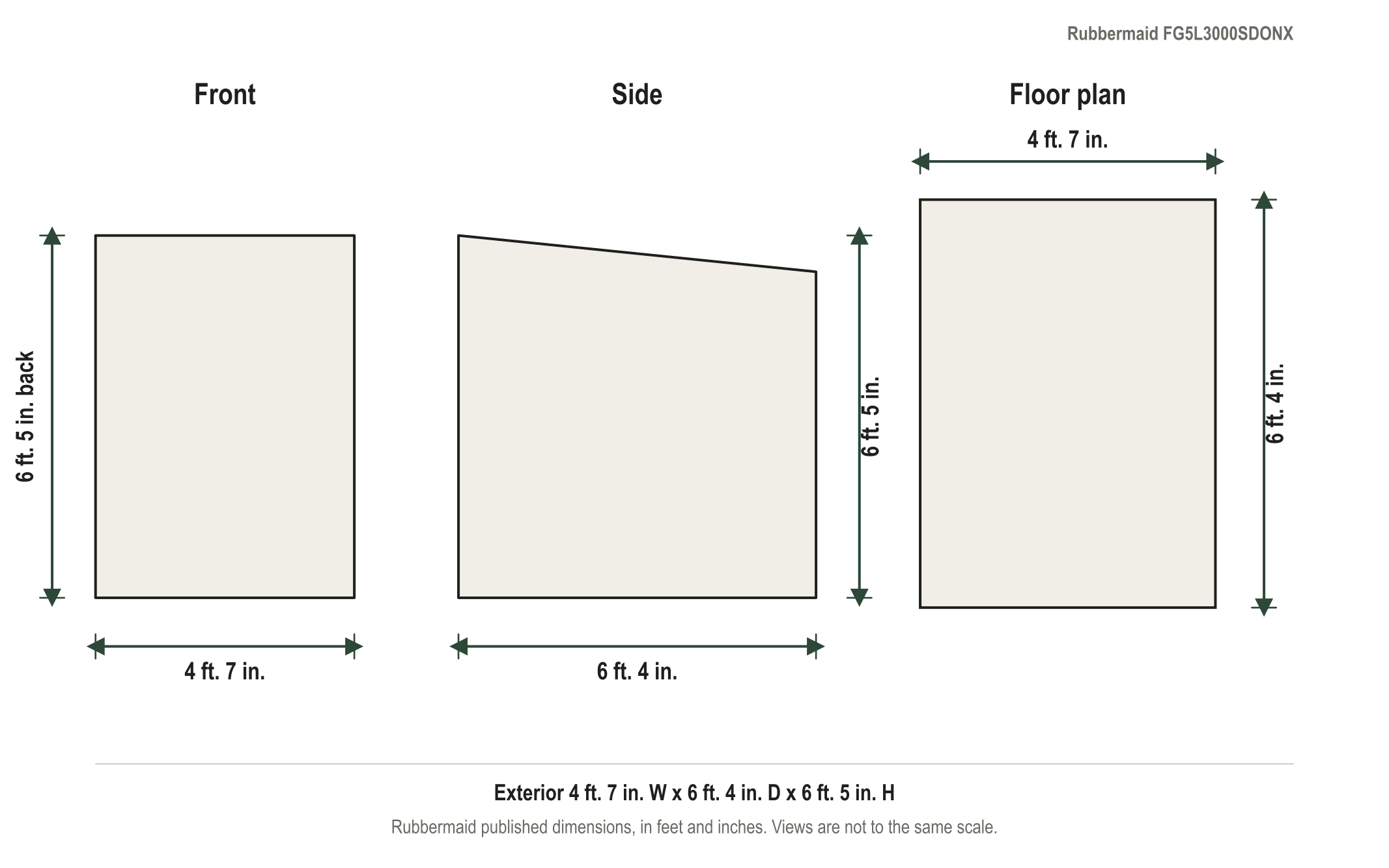 Dimension diagram: Rubbermaid Large Vertical Resin Storage Shed (5 ft. x 6 ft.), 4 ft. 7 in. wide by 6 ft. 4 in. deep by 6 ft. 5 in. tall