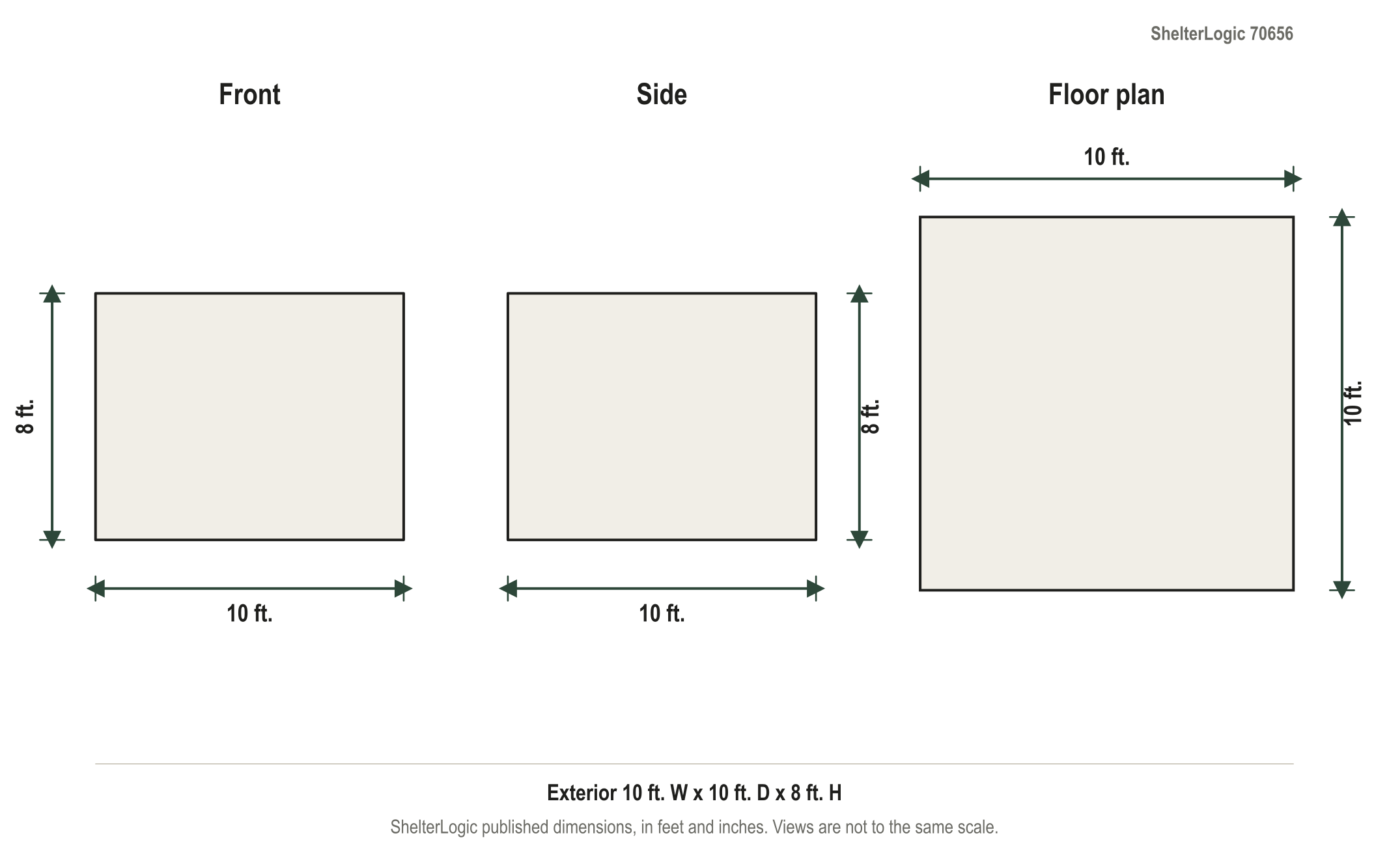 Dimension diagram: ShelterLogic GrowIT Greenhouse-in-a-Box EasyFlow Peak-Style Greenhouse 10 ft. x 10 ft. x 8 ft., 10 ft. wide by 10 ft. deep by 8 ft. tall