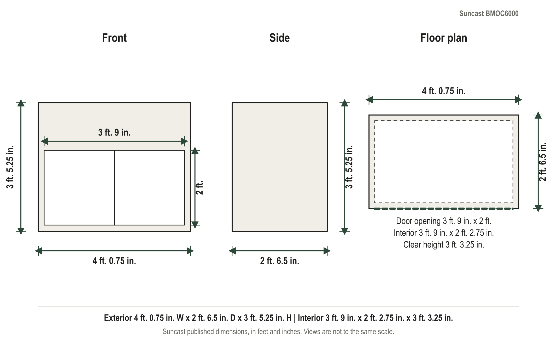Dimension diagram: Suncast 195-Gallon Resin Outdoor Storage Cabinet with Bar-Height Top, 4 ft. 0.75 in. wide by 2 ft. 6.5 in. deep by 3 ft. 5.25 in. tall