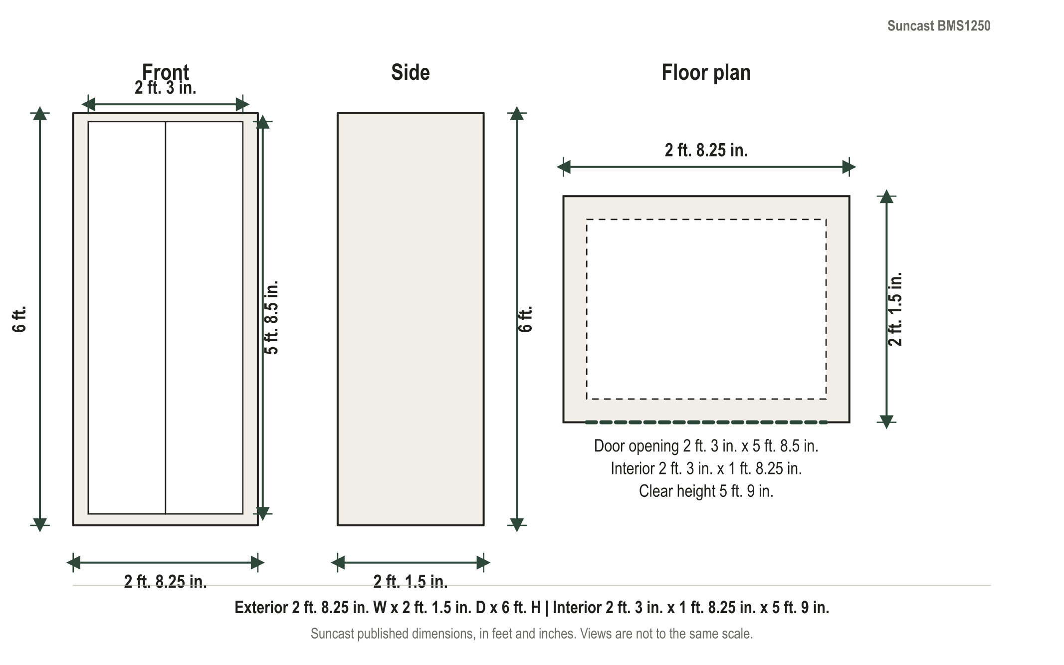 Dimension diagram: Suncast 22 cu ft Vertical Resin Outdoor Storage Shed, 2 ft. 8.25 in. wide by 2 ft. 1.5 in. deep by 6 ft. tall