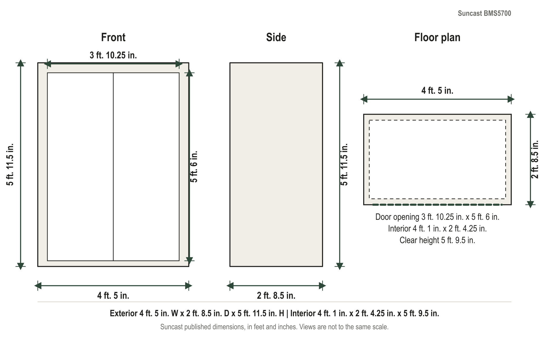 Dimension diagram: Suncast 54 cu. ft. Large Vertical Storage Shed, 4 ft. 5 in. wide by 2 ft. 8.5 in. deep by 5 ft. 11.5 in. tall