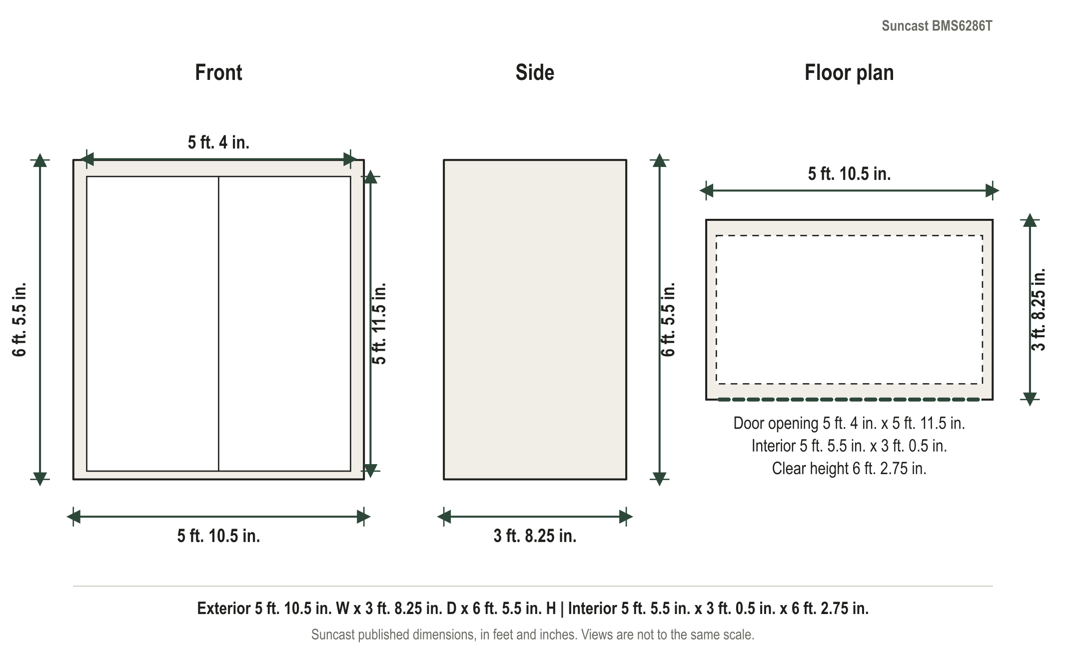 Dimension diagram: Suncast 6 ft. x 4 ft. Extra Large Vertical Shed with Shelf (106 cu. ft.), 5 ft. 10.5 in. wide by 3 ft. 8.25 in. deep by 6 ft. 5.5 in. tall