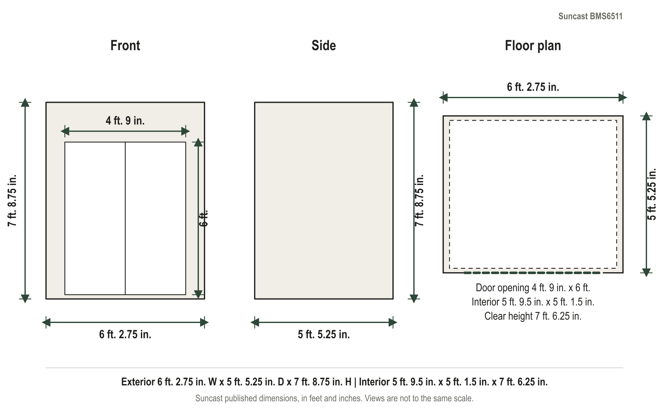 Dimension diagram: Suncast Everett 6 ft. x 5 ft. Storage Shed, 6 ft. 2.75 in. wide by 5 ft. 5.25 in. deep by 7 ft. 8.75 in. tall