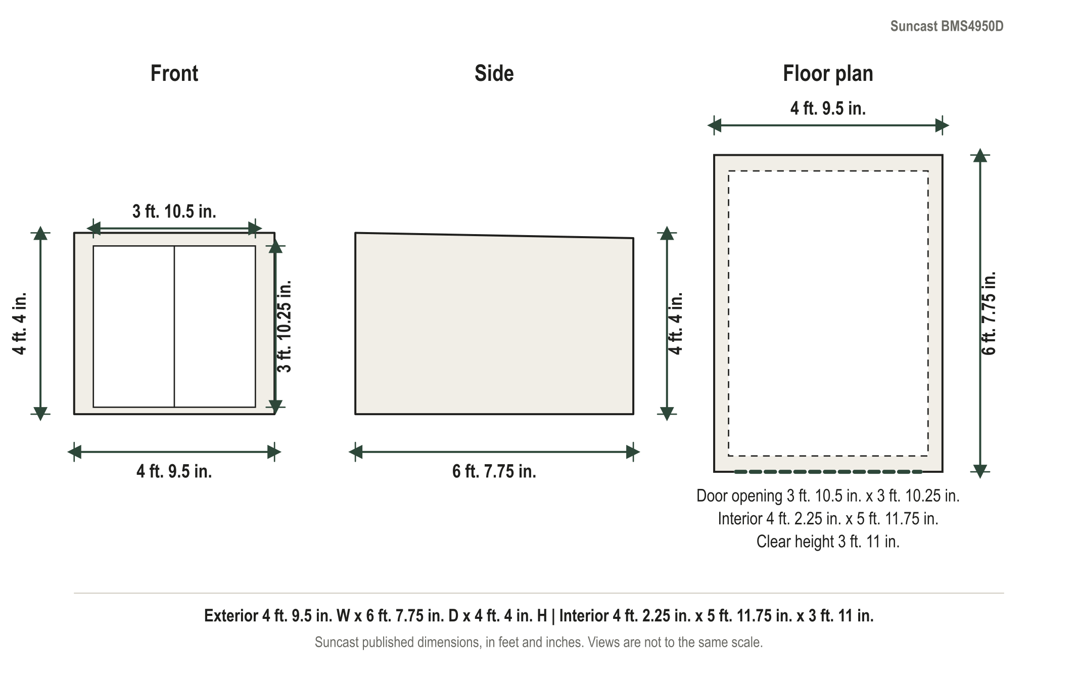Dimension diagram: Suncast Glidetop 5 ft. x 7 ft. Horizontal Storage Shed, 4 ft. 9.5 in. wide by 6 ft. 7.75 in. deep by 4 ft. 4 in. tall