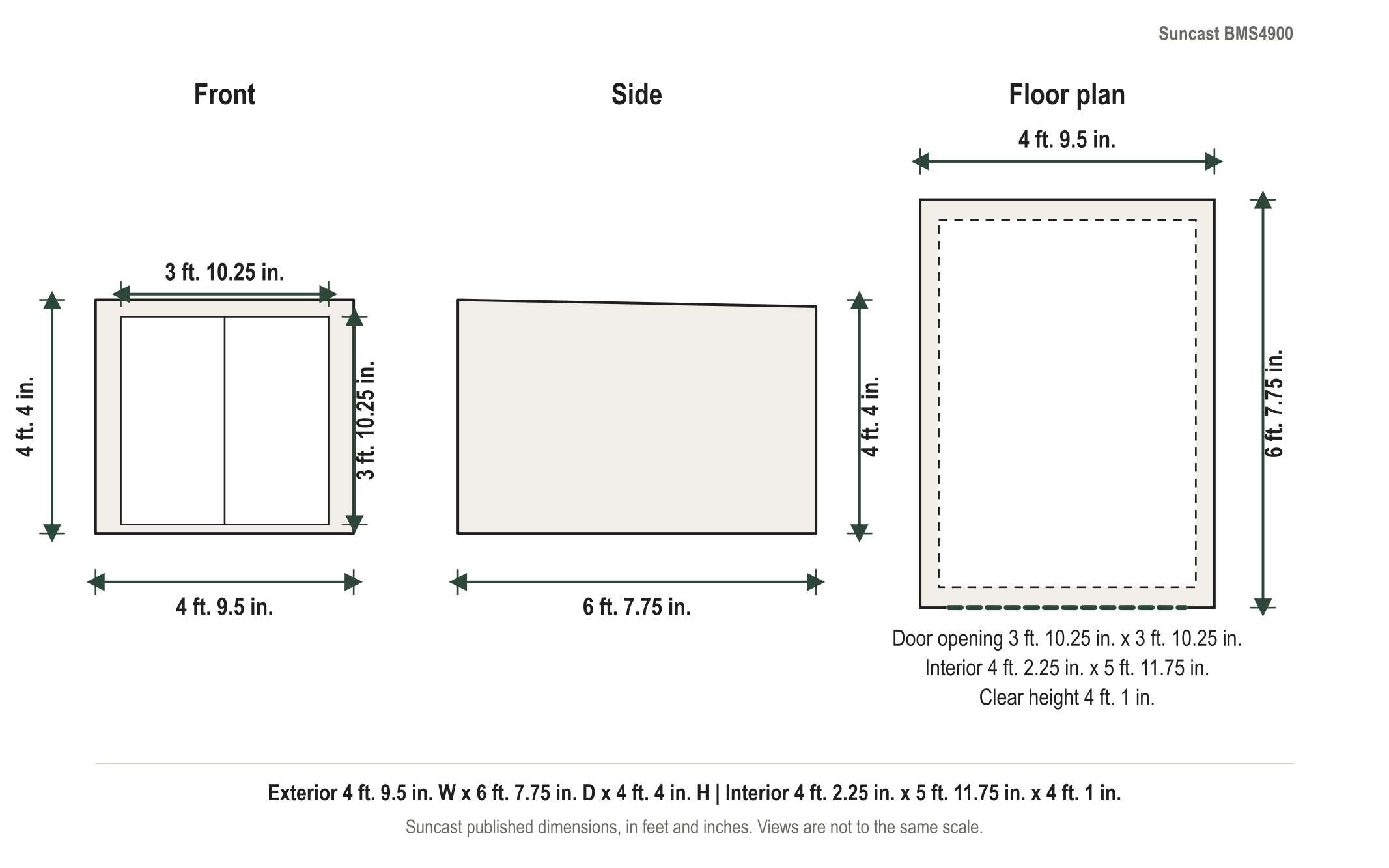 Dimension diagram: Suncast Glidetop 6 ft. 8 in. x 4 ft. 10 in. Horizontal Resin Storage Shed (98 cu. ft.), 4 ft. 9.5 in. wide by 6 ft. 7.75 in. deep by 4 ft. 4 in. tall