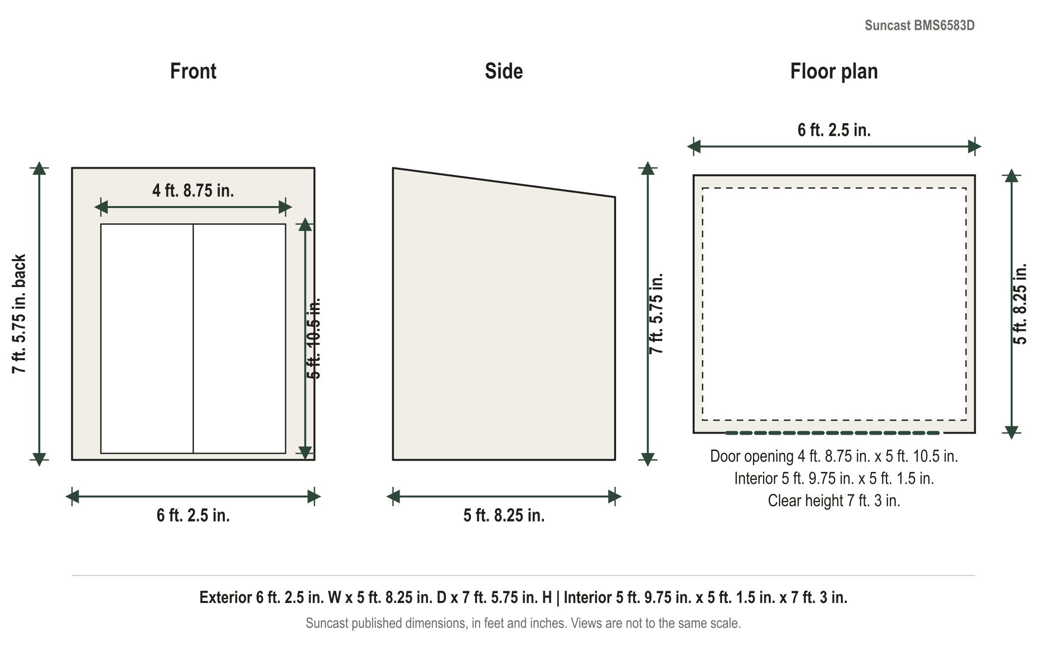 Dimension diagram: Suncast Modernist 6 ft. x 5 ft. Resin Storage Shed, 6 ft. 2.5 in. wide by 5 ft. 8.25 in. deep by 7 ft. 5.75 in. tall