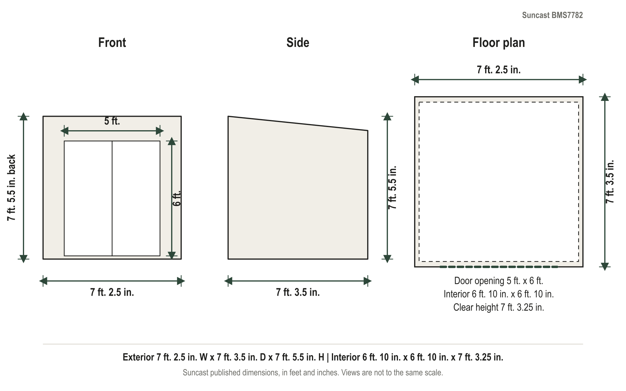 Dimension diagram: Suncast Modernist 7 ft. x 7 ft. Storage Shed, 7 ft. 2.5 in. wide by 7 ft. 3.5 in. deep by 7 ft. 5.5 in. tall