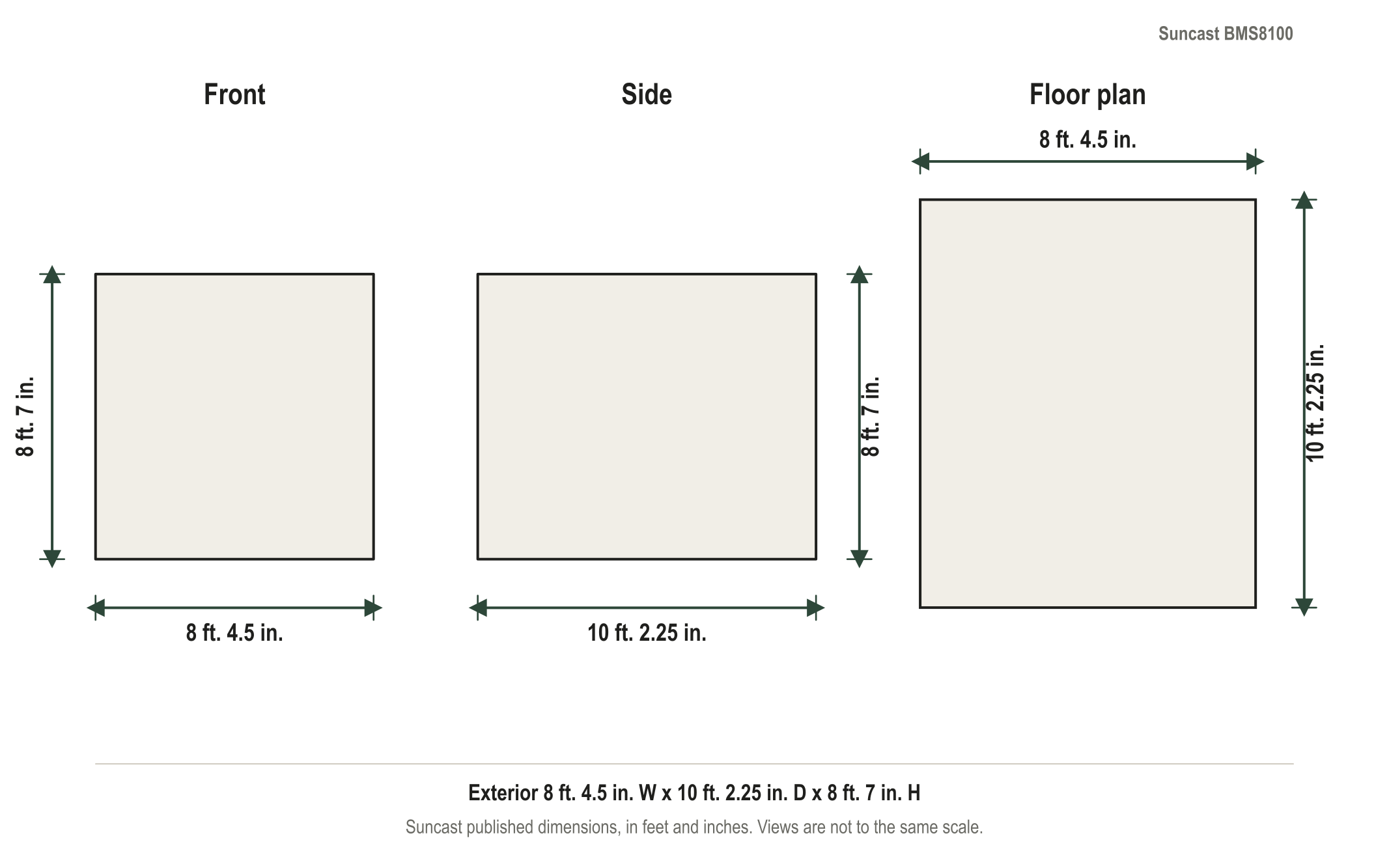 Dimension diagram: Suncast Tremont 8 ft. x 10 ft. Resin Storage Shed, 8 ft. 4.5 in. wide by 10 ft. 2.25 in. deep by 8 ft. 7 in. tall
