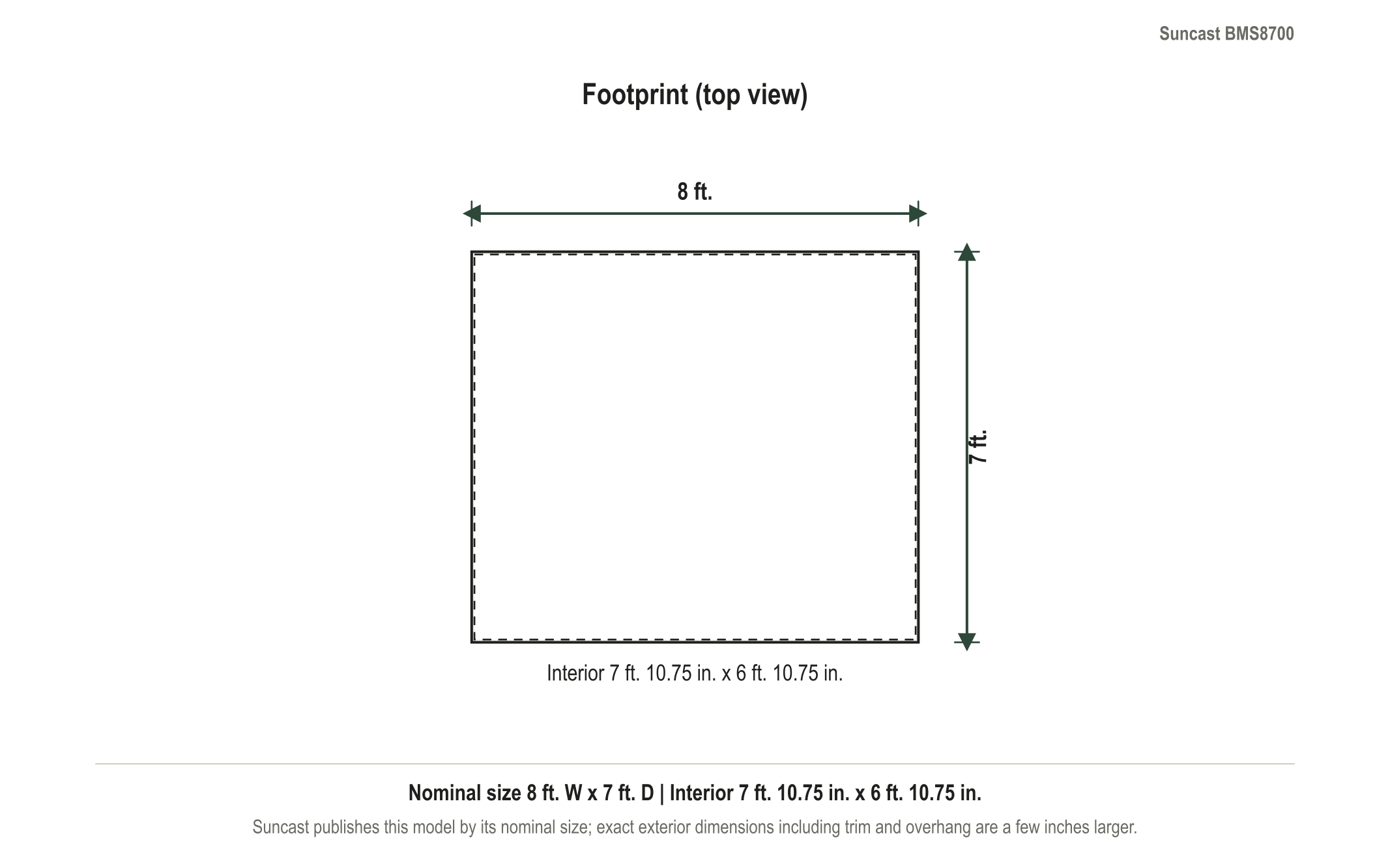 Dimension diagram: Suncast Tremont 8 ft. x 7 ft. Resin Storage Shed, 8 ft. wide by 7 ft. deep