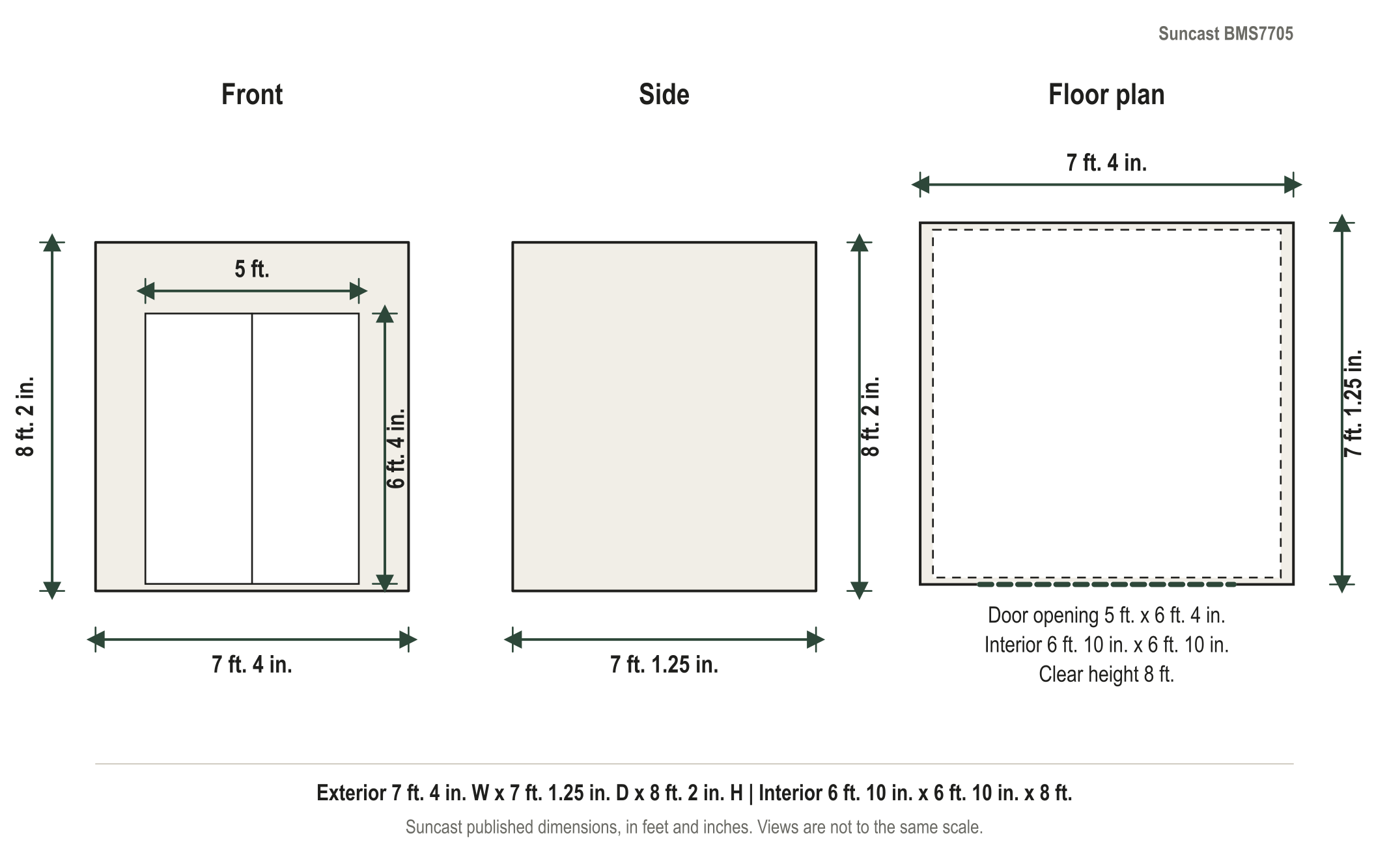 Dimension diagram: Suncast Vista 7 ft. x 7 ft. Resin Storage Shed, 7 ft. 4 in. wide by 7 ft. 1.25 in. deep by 8 ft. 2 in. tall