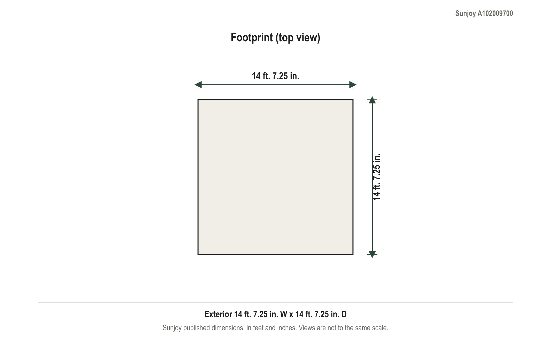 Dimension diagram: Sunjoy Ashland 14.6' x 14.6' Hexagonal Gazebo, 14 ft. 7.25 in. wide by 14 ft. 7.25 in. deep