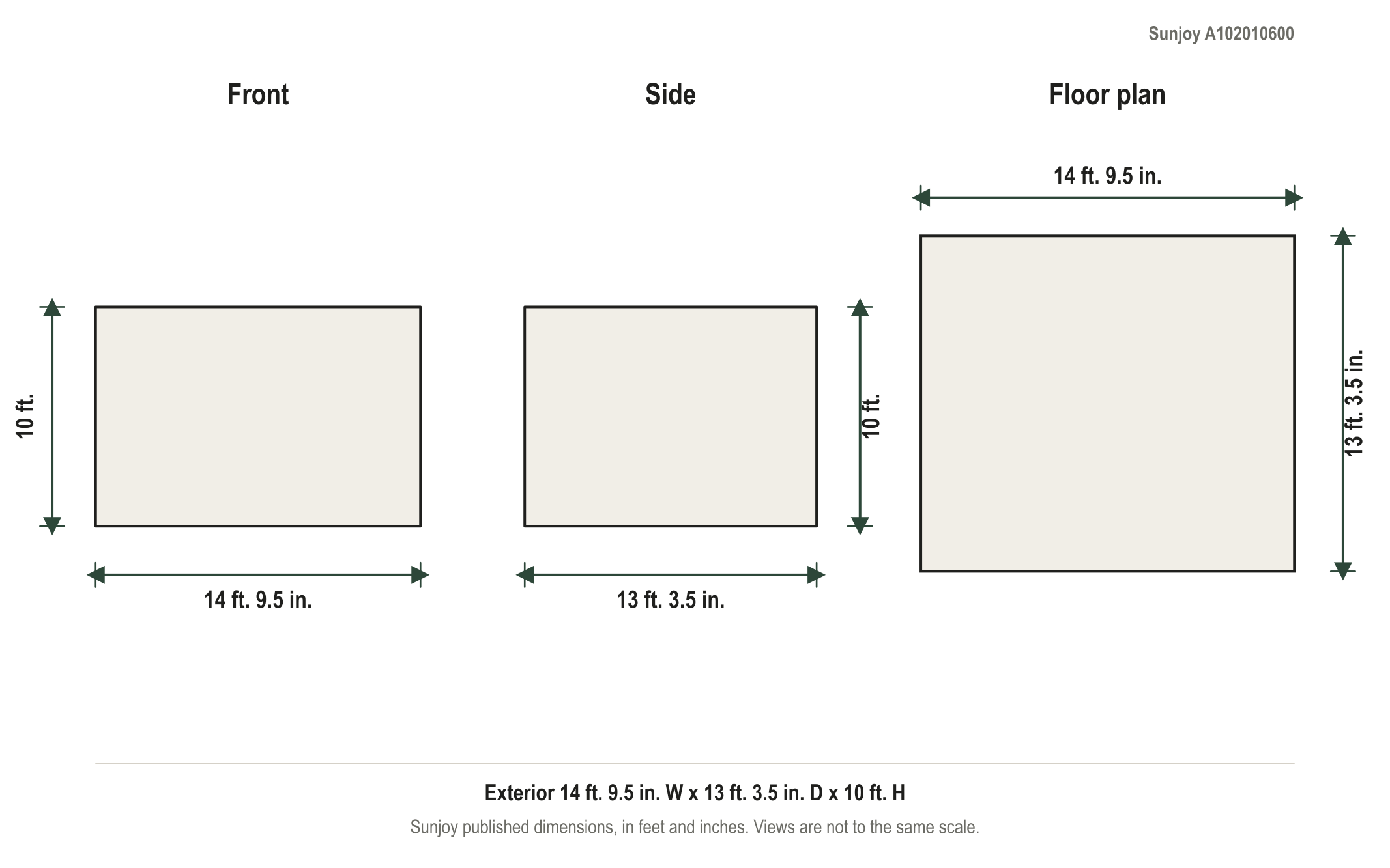 Dimension diagram: Sunjoy Wilmington 13.3' x 14.8' Hardtop Gazebo, 14 ft. 9.5 in. wide by 13 ft. 3.5 in. deep by 10 ft. tall