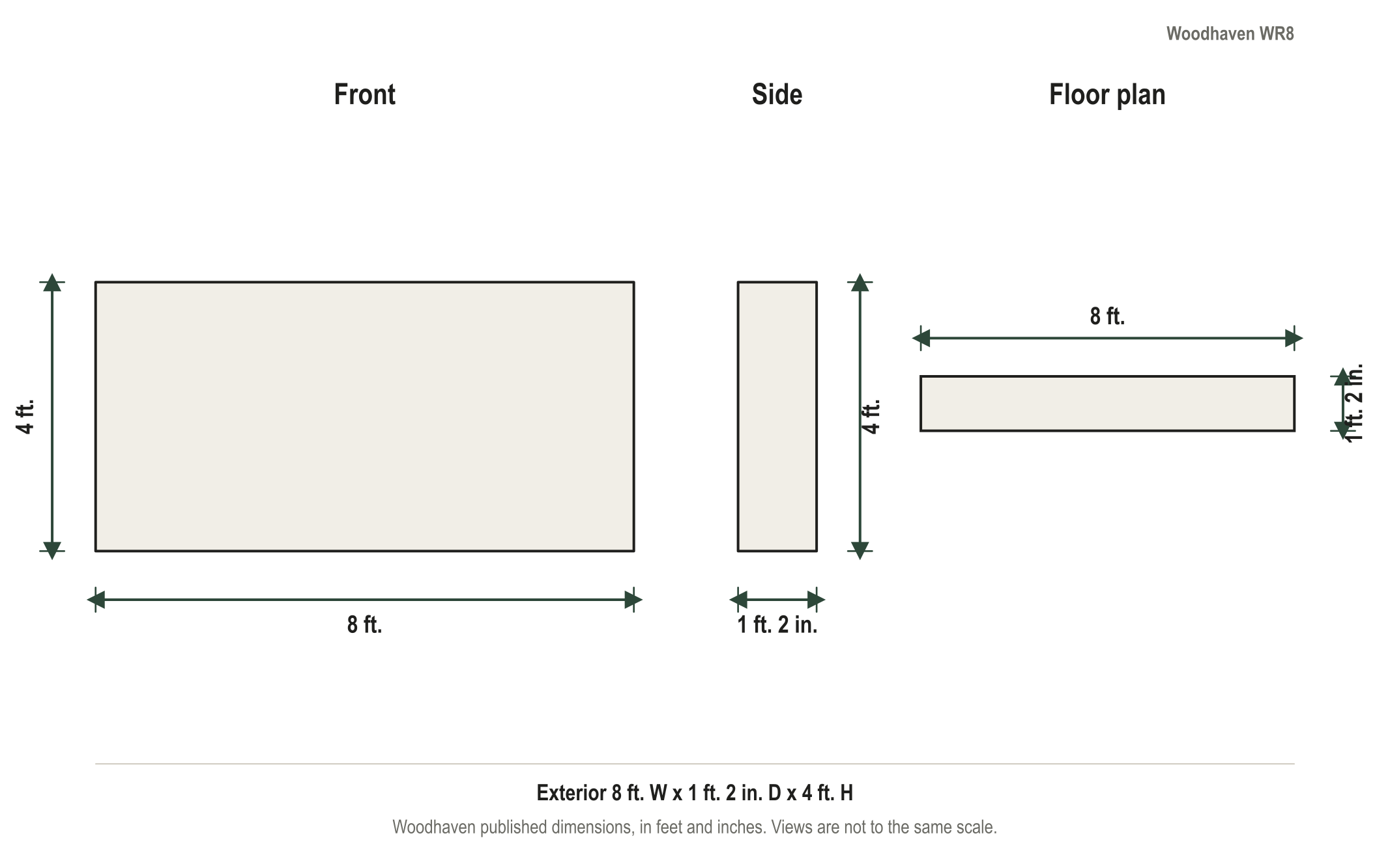Dimension diagram: Woodhaven 8 ft Steel Firewood Rack (1/2 cord) with Cover, 8 ft. wide by 1 ft. 2 in. deep by 4 ft. tall