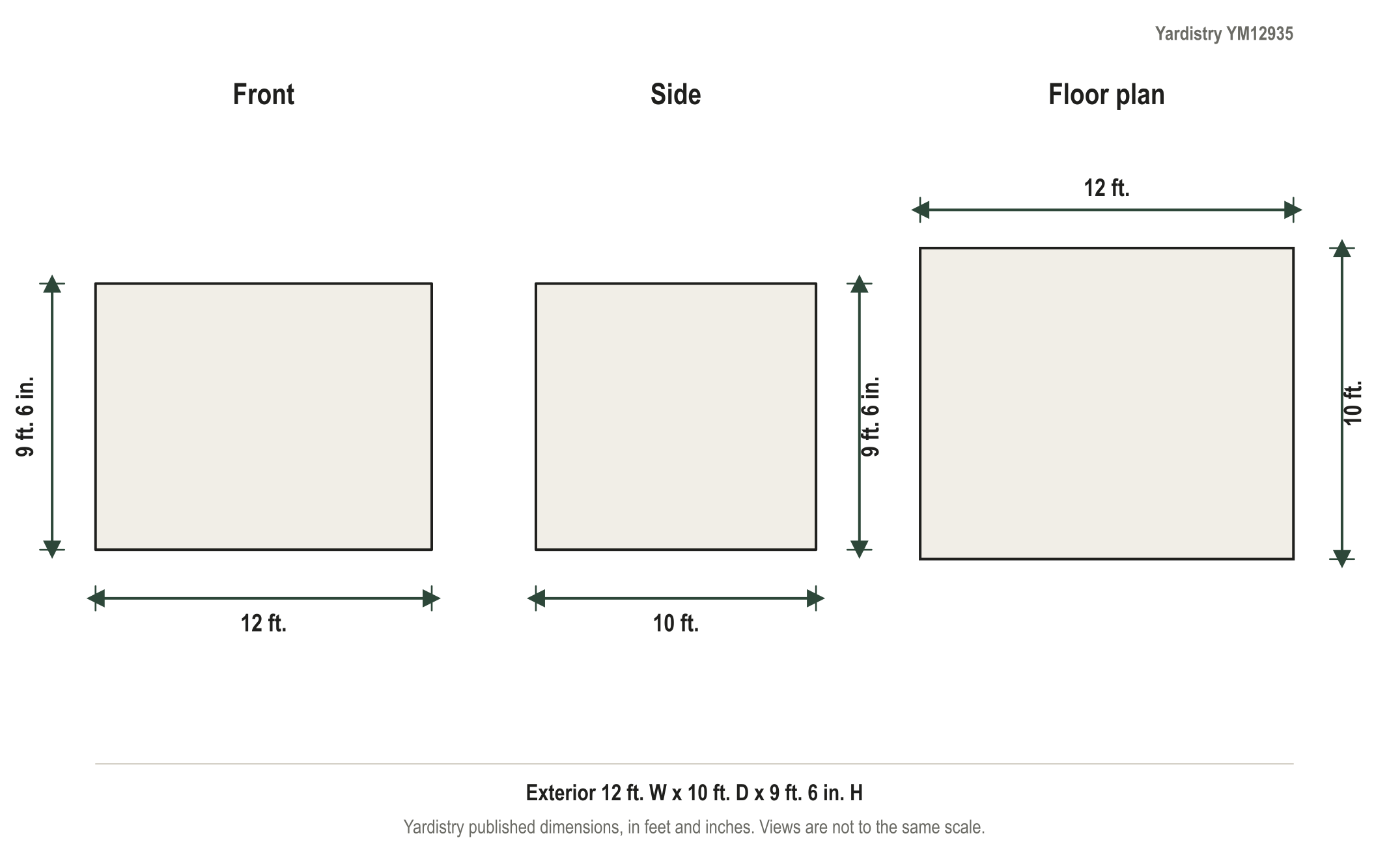 Dimension diagram: Yardistry 12' x 10' Wood Gazebo with Aluminum Roof, 12 ft. wide by 10 ft. deep by 9 ft. 6 in. tall