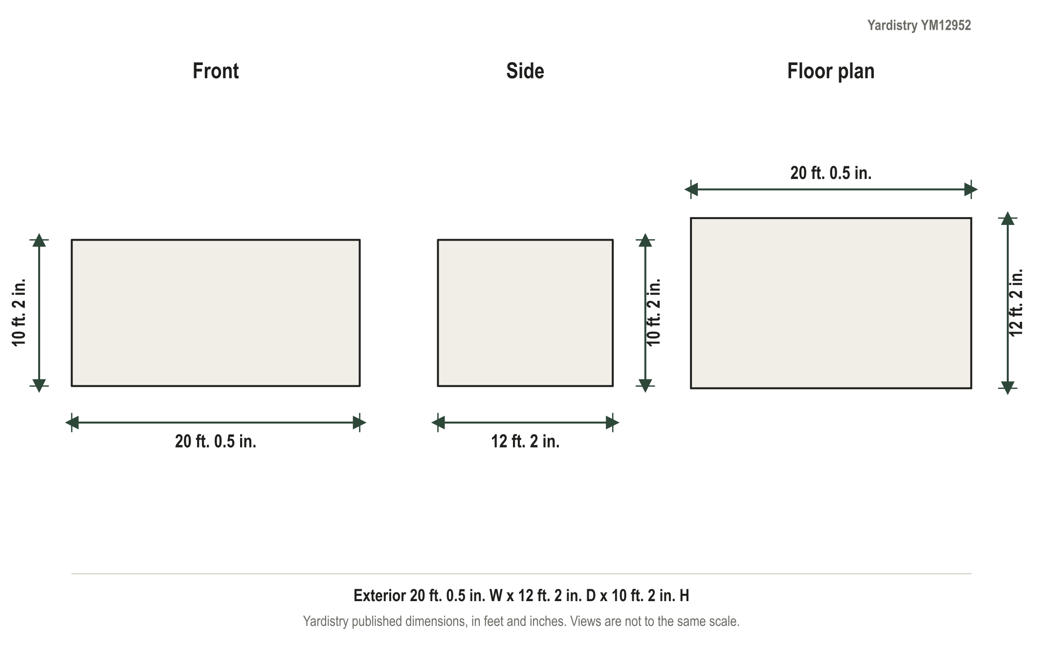 Dimension diagram: Yardistry 12' x 20' Wood Gazebo with Aluminum Roof, 20 ft. 0.5 in. wide by 12 ft. 2 in. deep by 10 ft. 2 in. tall