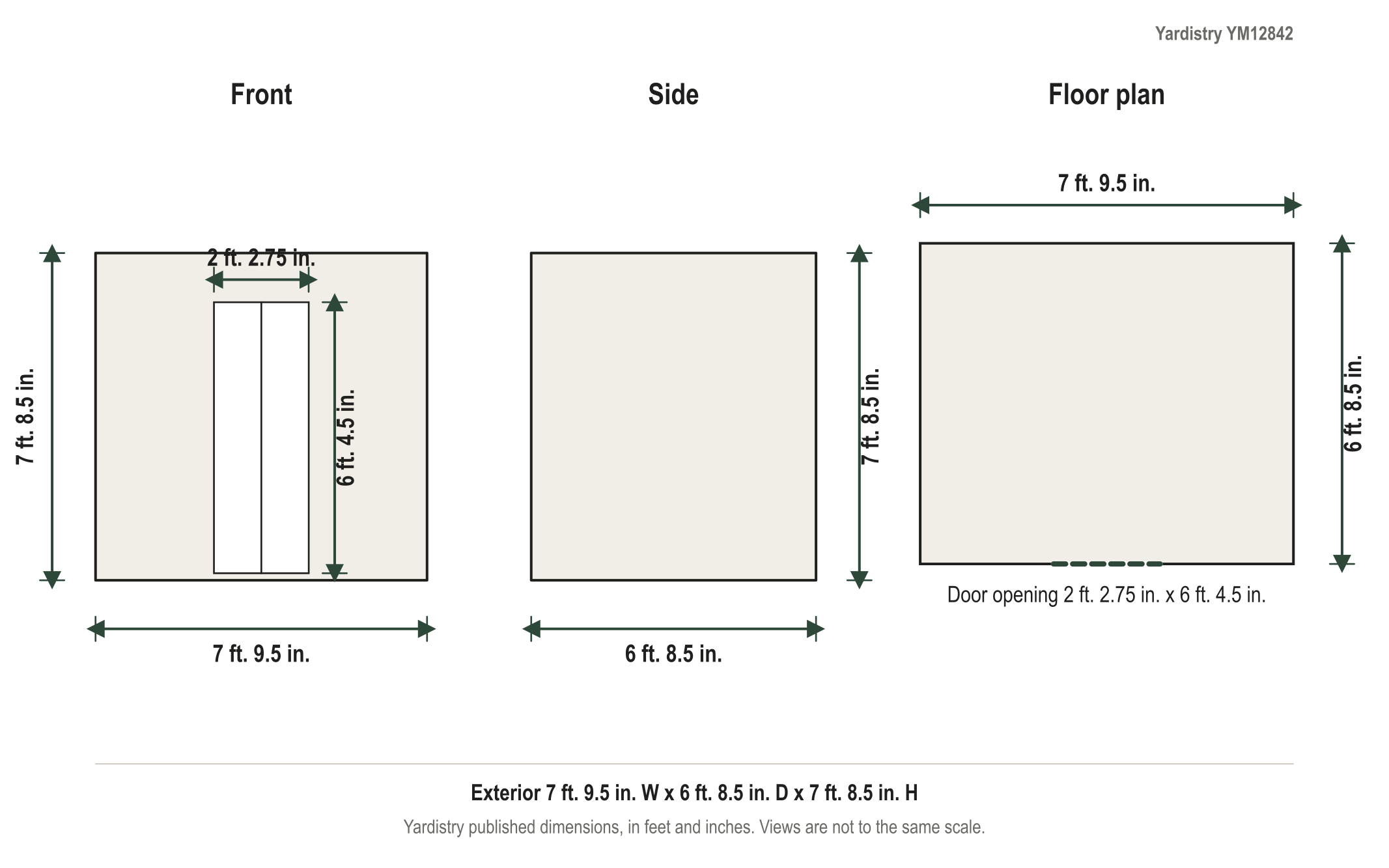 Dimension diagram: Yardistry 6.7' x 7.8' Cedar Greenhouse, 7 ft. 9.5 in. wide by 6 ft. 8.5 in. deep by 7 ft. 8.5 in. tall