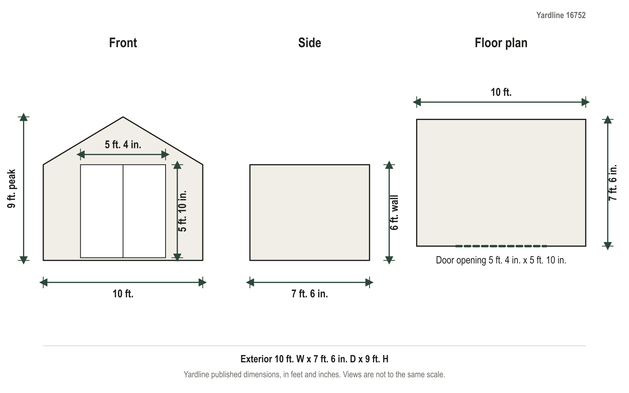Dimension diagram: Yardline Aston 10 ft. x 7.5 ft. DIY Wood Shed Kit, 10 ft. wide by 7 ft. 6 in. deep by 9 ft. tall