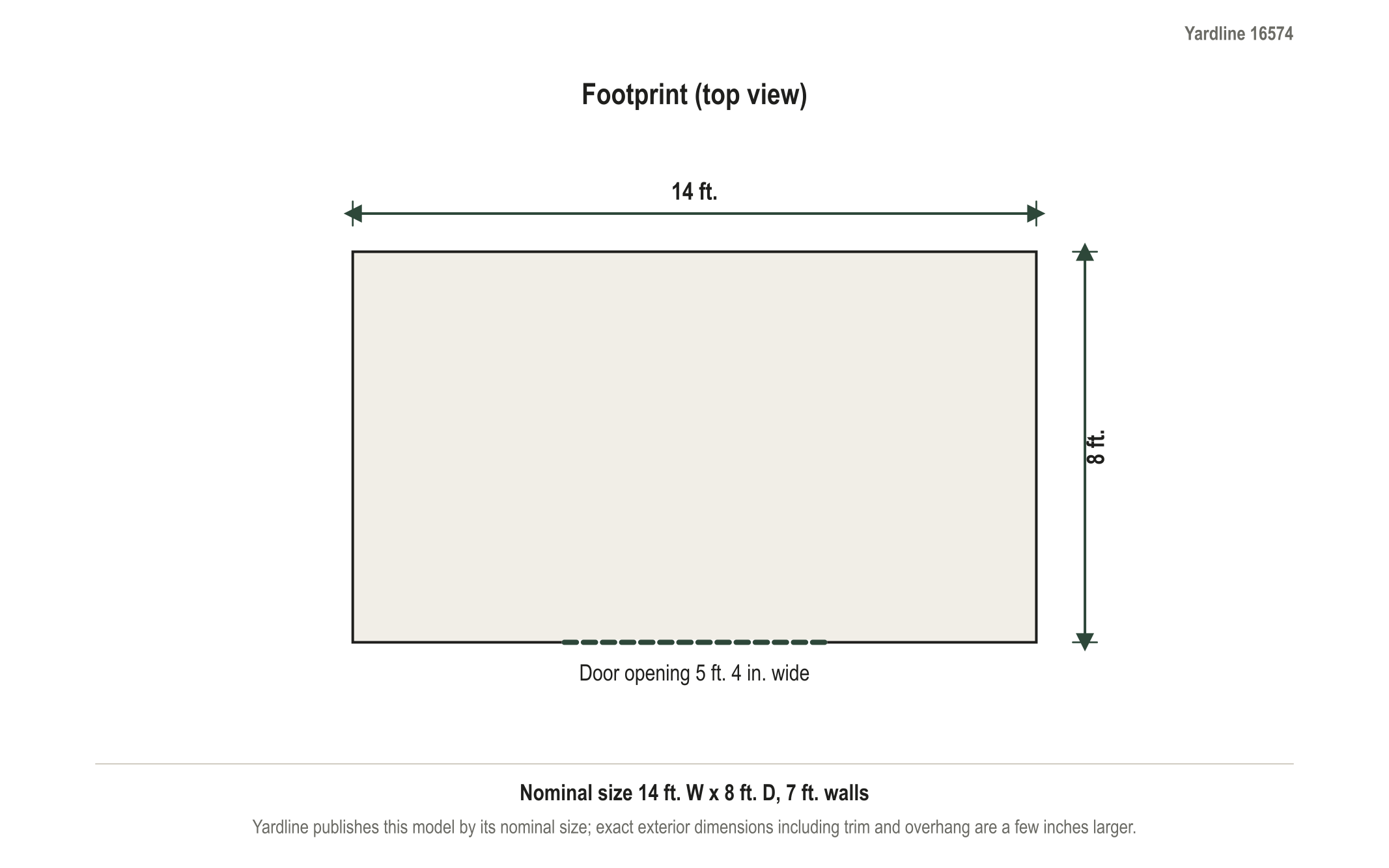 Dimension diagram: Yardline Crestwood 14 ft. x 8 ft. Do-It-Yourself Wood Shed, 14 ft. wide by 8 ft. deep